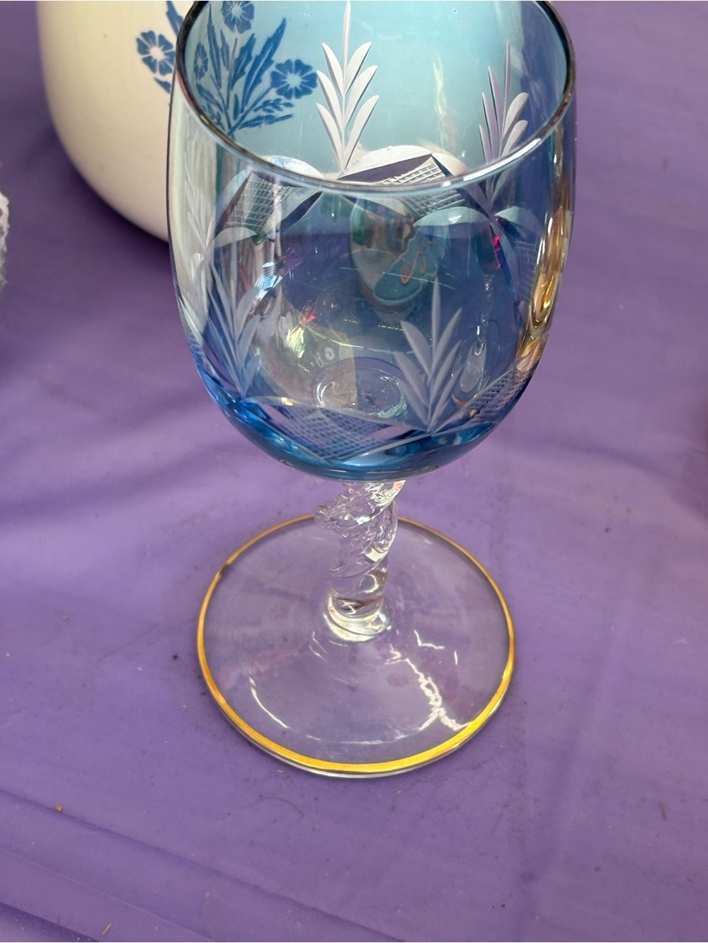 Source Unknown Blue Etched Wine Glass with Gold Rim